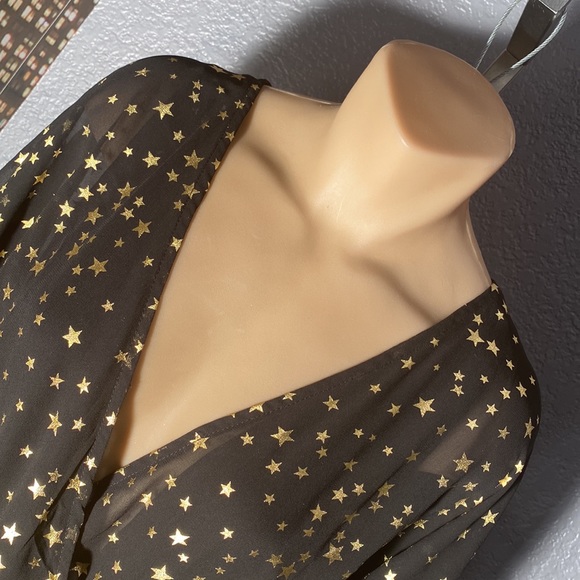 IF BY SEA - black shorts romper s/s w gold stars sheer mesh overlay, deepV - L - Picture 9 of 16